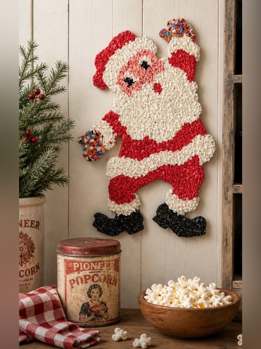 Vintage Melted Plastic Popcorn CHRISTMAS DECOR Waving Santa Claus 19” Tall
